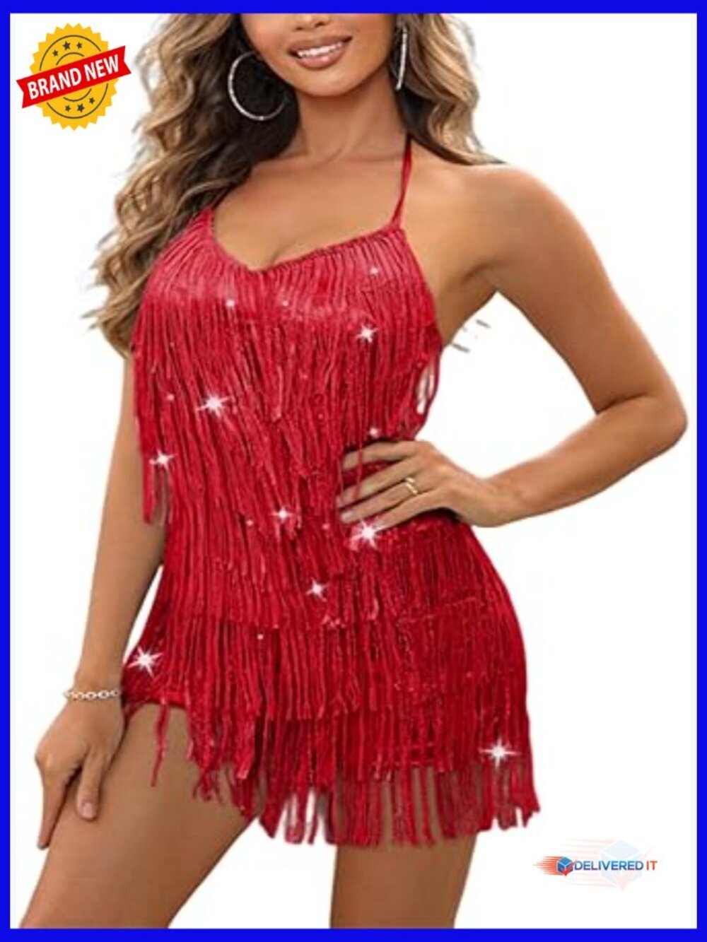 Sequin Halter Fringe Romper Backless Mini Jumpsuit Dance Outfit
